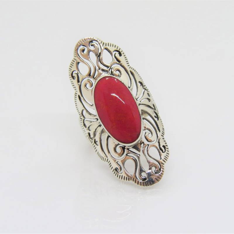 Vintage Sterling Silber Koralle Geschnitzt Filigrane Lange Ring Größe 8 von wandajewelry2013