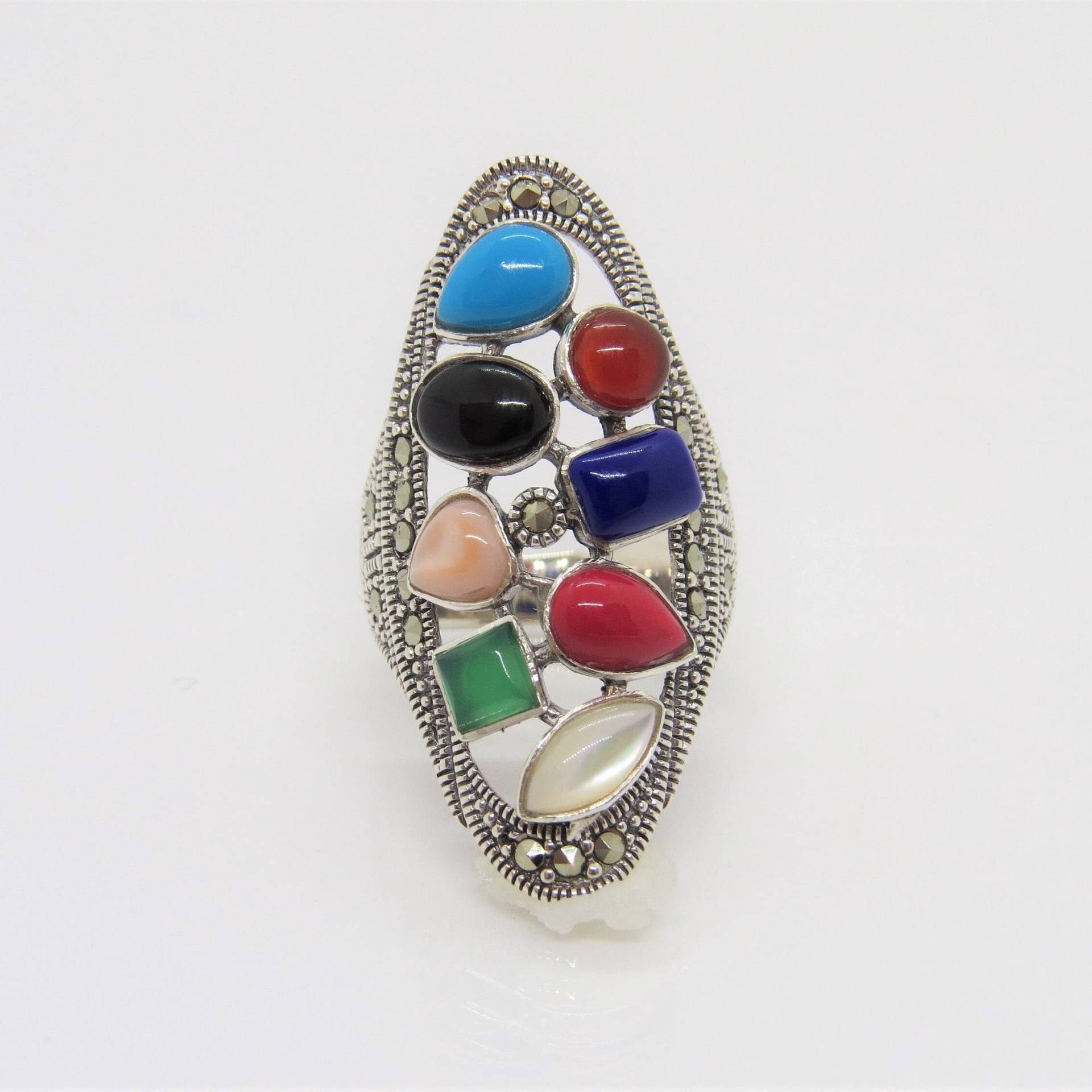 Vintage Sterling Silber Multi Color Edelstein & Markasiten Ring Größe 8 von wandajewelry2013