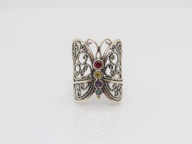 Vintage Sterling Silber Multi Farbe Edelsteine Schmetterling Filigran Ring Größe 8 von wandajewelry2013
