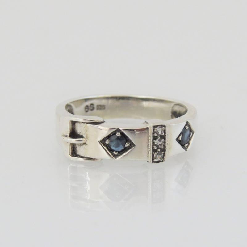 Vintage Sterling Silber Natürliche Blaue Saphir & Weiße Topas Gürtelschnalle Ring von wandajewelry2013