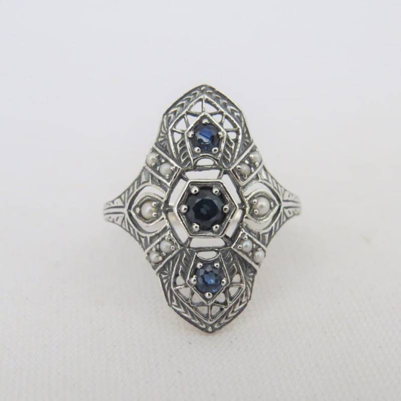 Vintage Sterling Silber Natürlicher Blauer Saphir & Saatperle Ring Größe 8 von wandajewelry2013