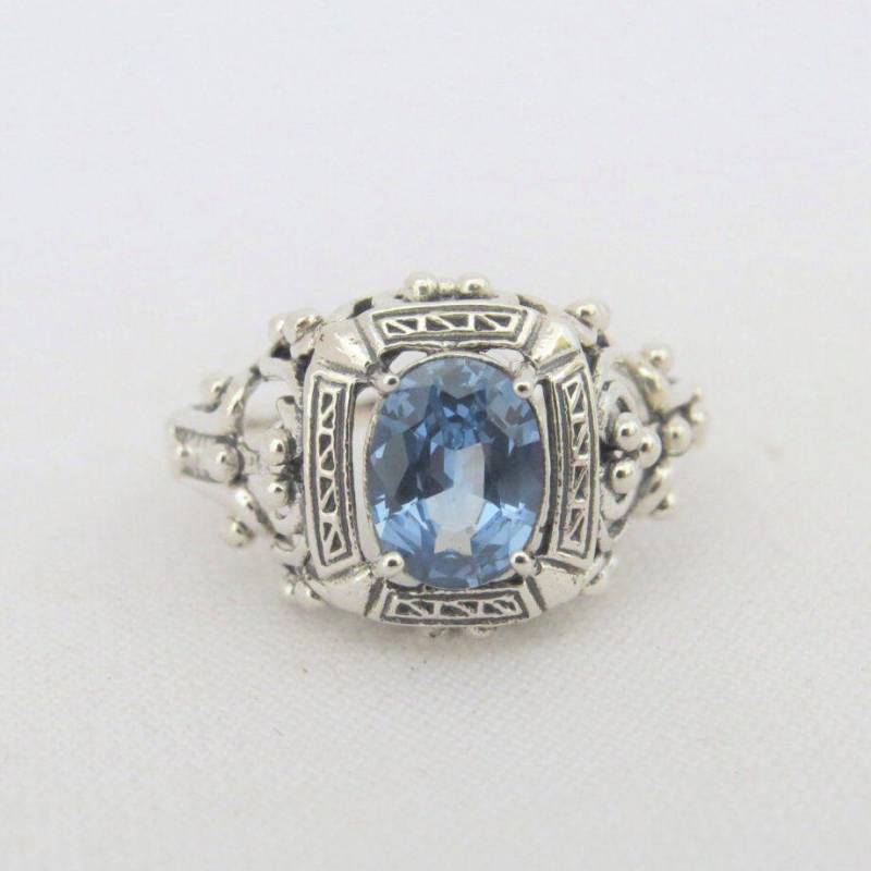 Vintage Sterling Silber Oval Aquamarin Filigran Ring Größe 8 von wandajewelry2013