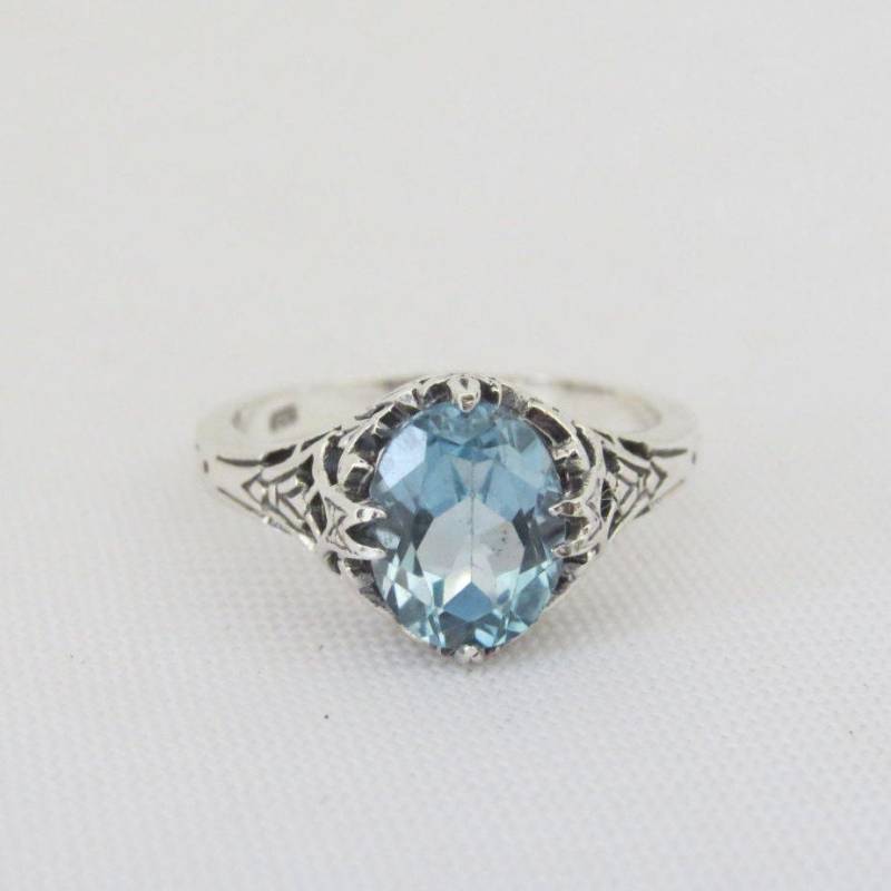 Vintage Sterling Silber Oval Aquamarin Filigree Ring Größe 7 von wandajewelry2013