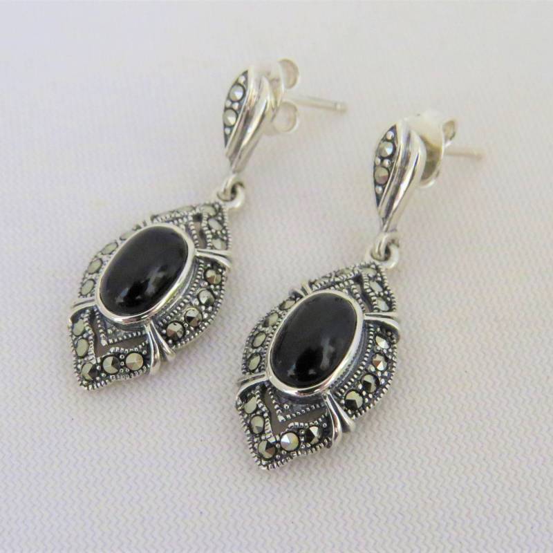 Vintage Sterling Silber Oval Schwarz Onyx & Markasit Ohrringe von wandajewelry2013