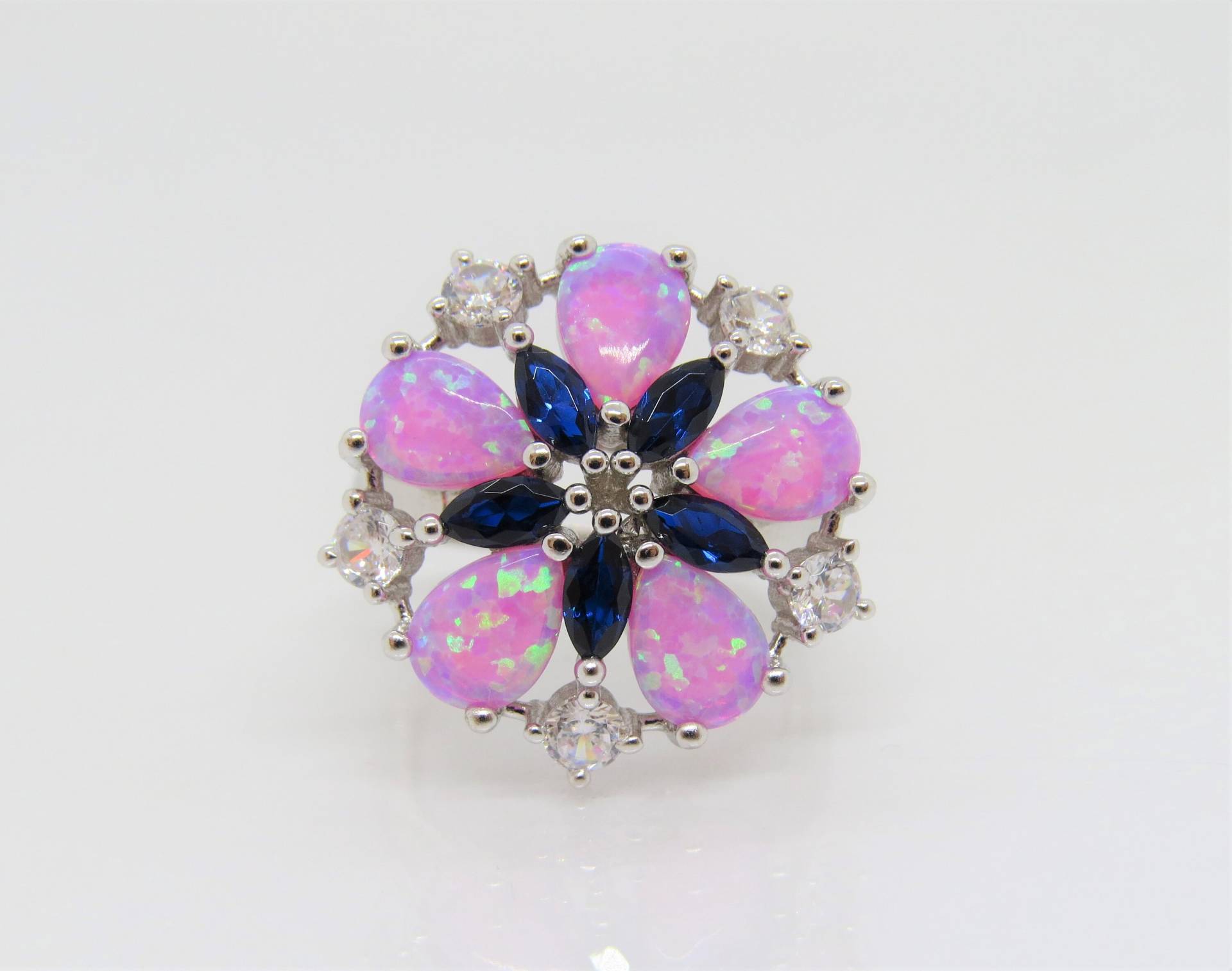 Vintage Sterling Silber Pink Opal, Blauer Saphir & Weißtopas Blumen Ring Gr. 5 von wandajewelry2013