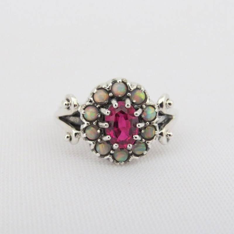 Vintage Sterling Silber Rubin & Opal Cluster Ring Größe 5 von wandajewelry2013