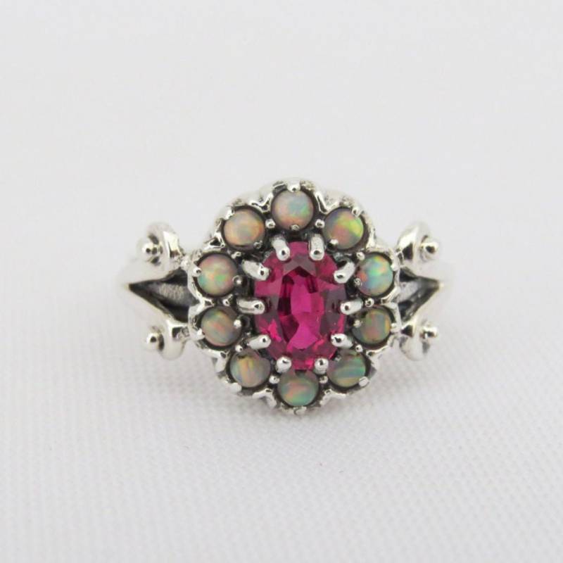 Vintage Sterling Silber Rubin & Opal Cluster Ring Größe 9 von wandajewelry2013