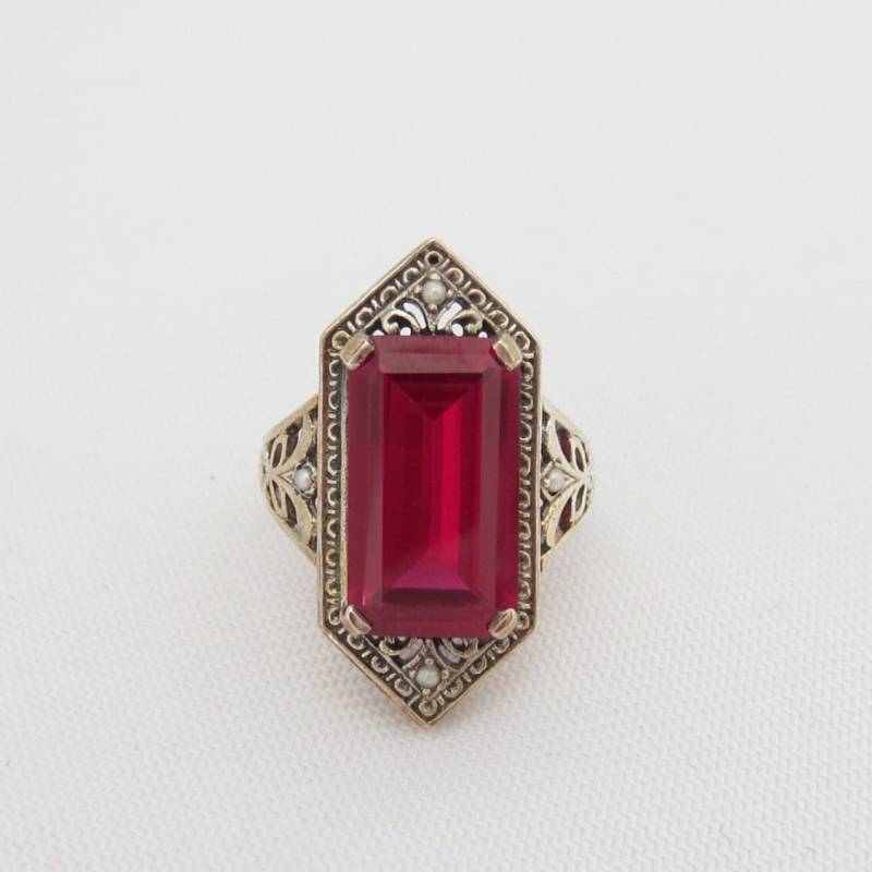 Vintage Sterling Silber Rubin & Saatperle Filigraner Ring Größe 9 von wandajewelry2013