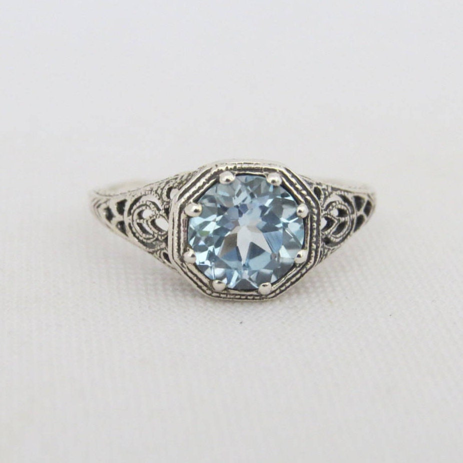 Vintage Sterling Silber Rund Aquamarin Filigree Ring Größe 6 von wandajewelry2013