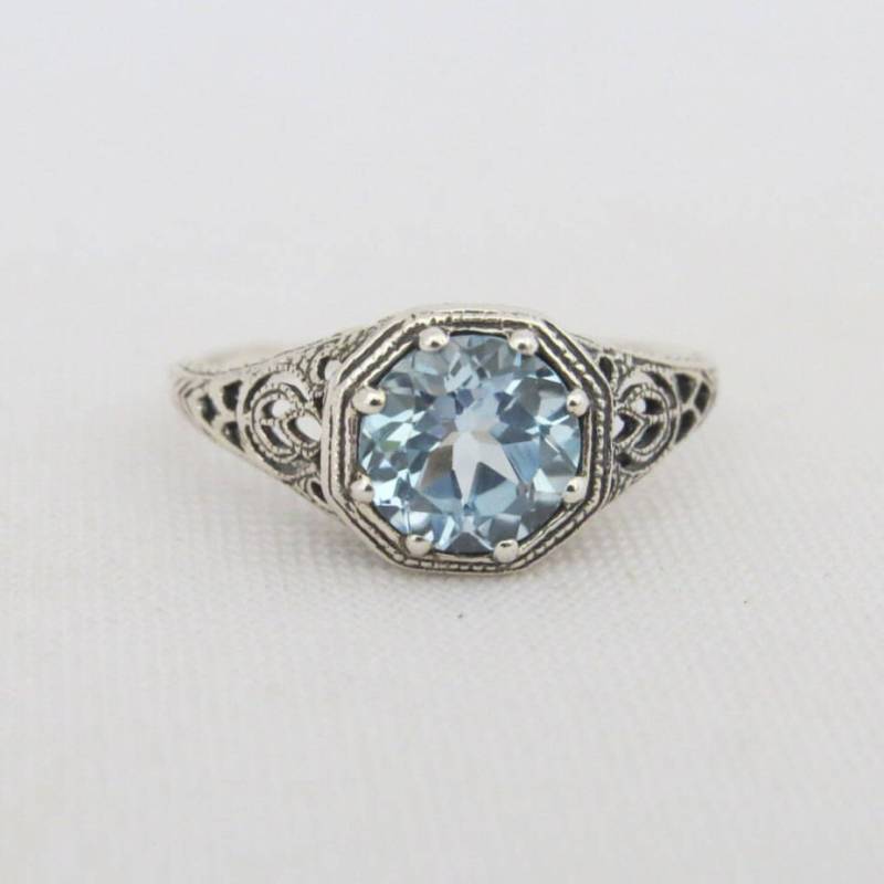 Vintage Sterling Silber Rund Aquamarin Filigree Ring Größe 6 von wandajewelry2013
