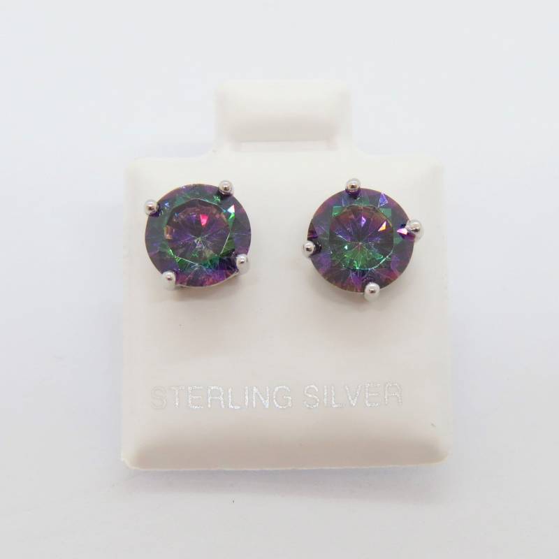 Vintage Sterling Silber Rund Geschnittene Regenbogen Topas Ohrstecker 8 Mm von wandajewelry2013