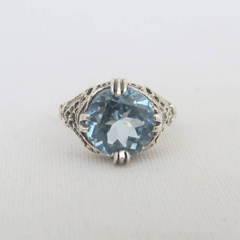 Vintage Sterling Silber Rundschliff Aquamarin Filigran Ring Größe 23 von wandajewelry2013