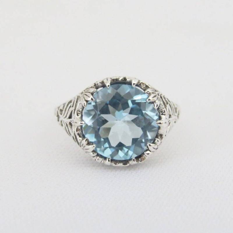 Vintage Sterling Silber Rundschliff Aquamarin Filigran Ring Größe 6 von wandajewelry2013