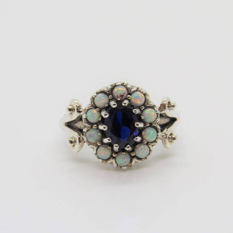 Vintage Sterling Silber Saphir & Weißer Opal Ring Größe 10 von wandajewelry2013