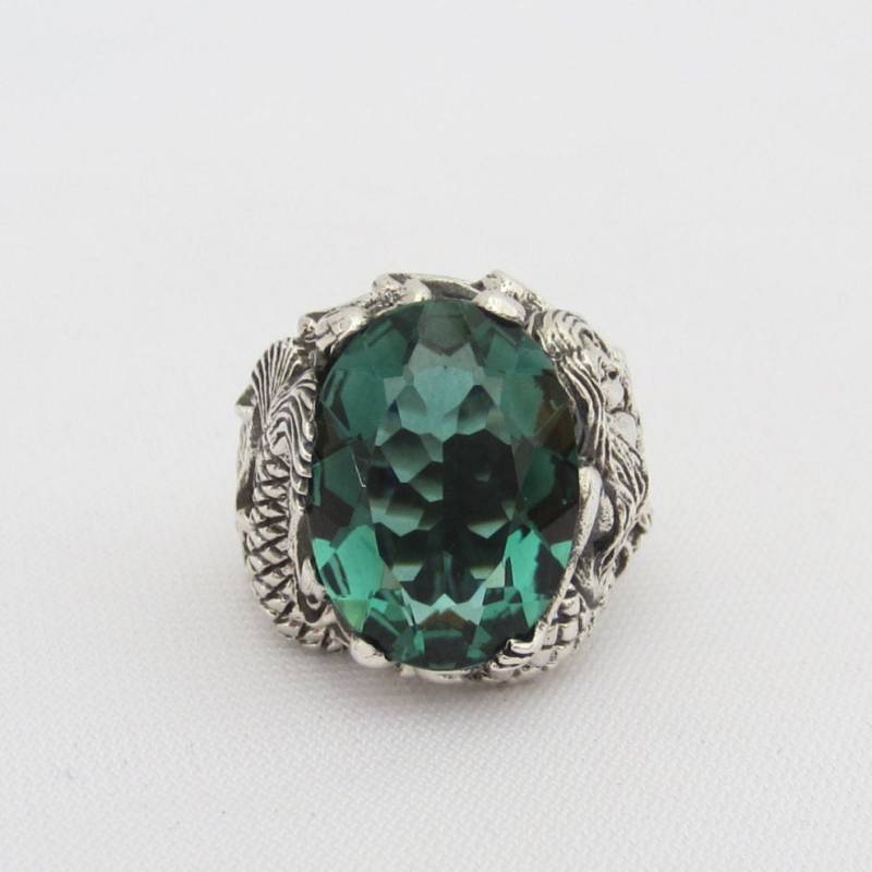 Vintage Sterling Silber Smaragd Geschnitzte Meerjungfrau Kuppel Ring Größe 8 von wandajewelry2013