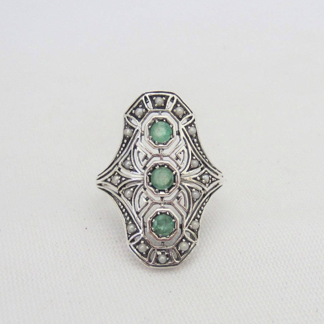 Vintage Sterling Silber Smaragd & Rocailles Filigran Lange Ring Größe 8 von wandajewelry2013