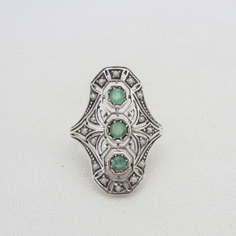 Vintage Sterling Silber Smaragd & Rocailles Filigran Lange Ring Größe 8 von wandajewelry2013