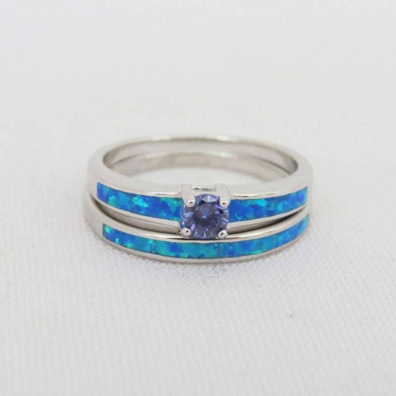 Vintage Sterling Silber Tansanit & Inlay Blauer Opal Ring Set Größe 5 von wandajewelry2013