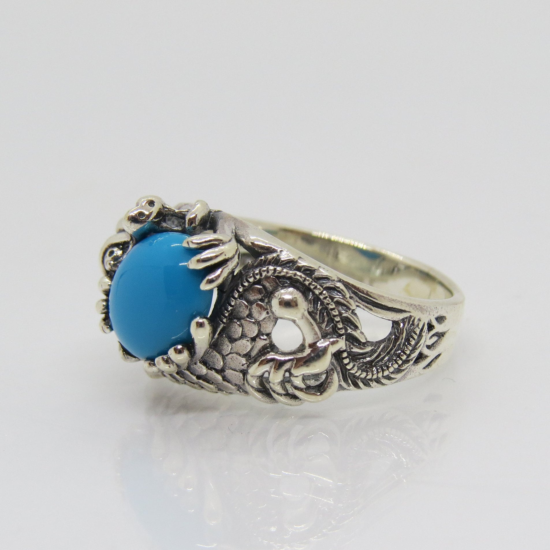Vintage Sterling Silber Türkis Drache Unisex Dome Ring Größe 9 von wandajewelry2013