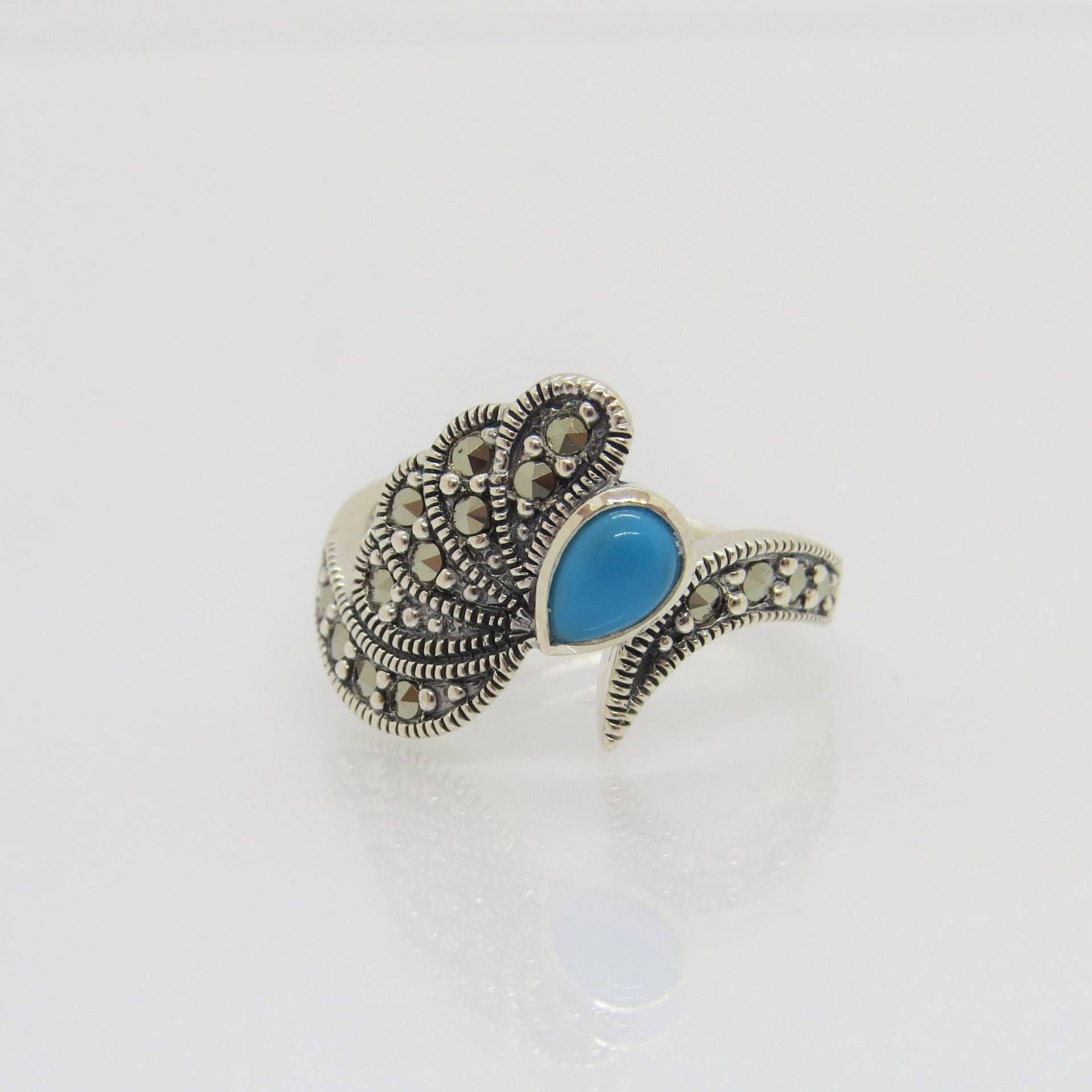 Vintage Sterling Silber Türkis & Markasit Engel Flügel Ring Größe 7 von wandajewelry2013