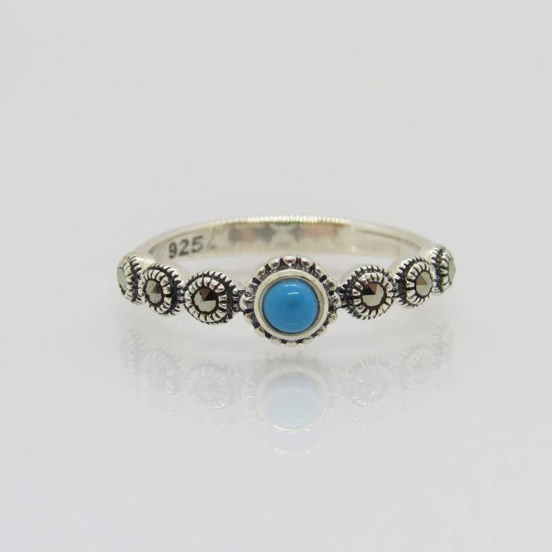 Vintage Sterling Silber Türkis & Markasit Tiny Band Ring Größe 6 von wandajewelry2013
