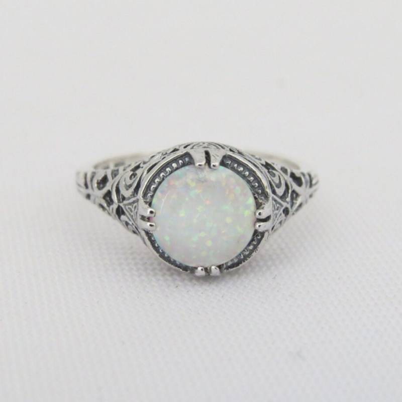 Vintage Sterling Silber Weißer Opal Filigraner Ring Größe 8 von wandajewelry2013