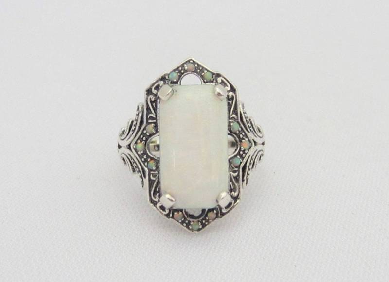 Vintage Sterling Silber Weißer Opal Filigraner Ring Größe 8 von wandajewelry2013
