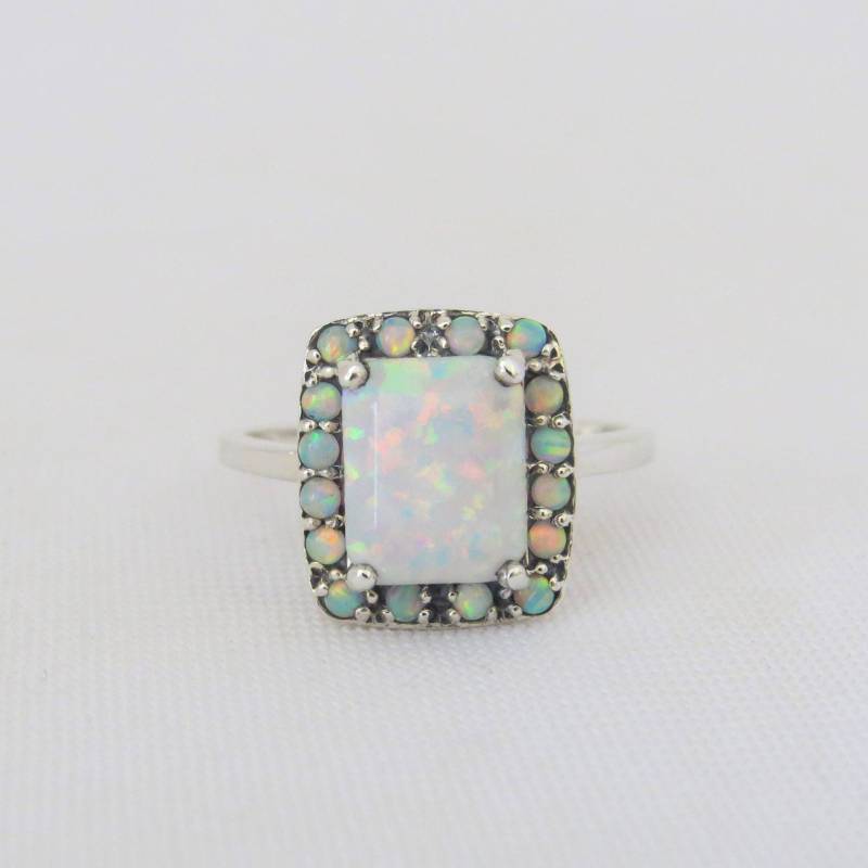 sterling Silber Feueropal Verlobungsring Smaragdschliff Größe 9 von wandajewelry2013