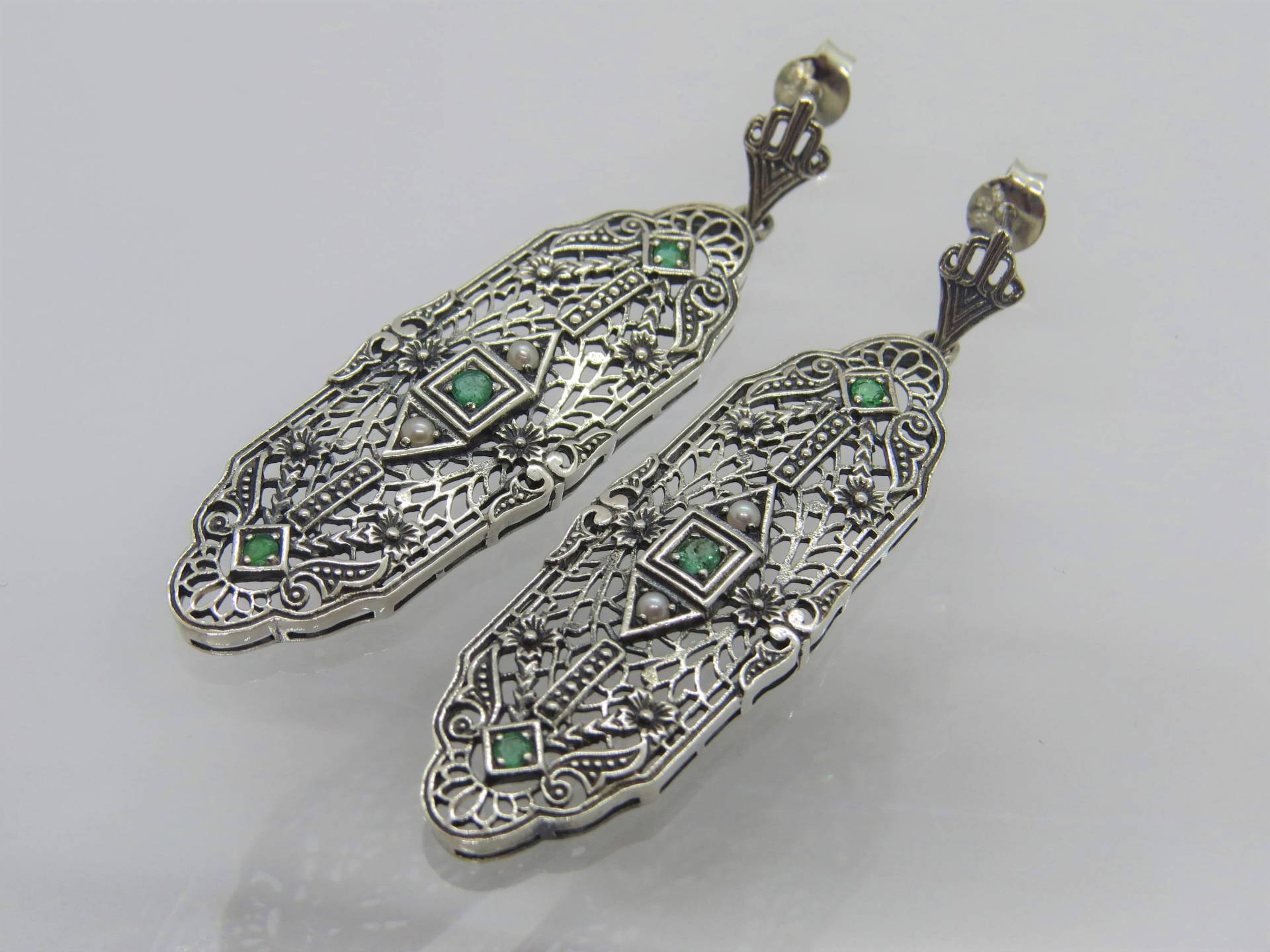 sterling Silber Natürliche Smaragd & Samen Perle Blume Filigrane Ohrringe von wandajewelry2013