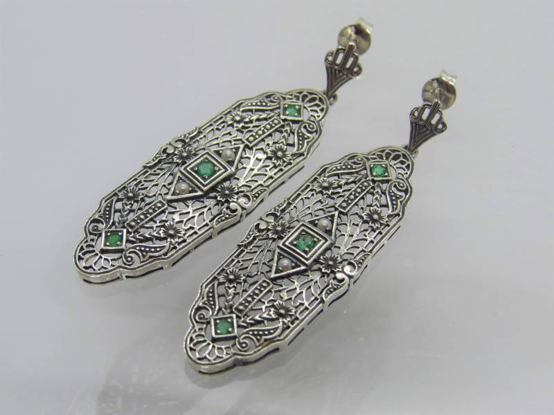 sterling Silber Natürliche Smaragd & Samen Perle Blume Filigrane Ohrringe von wandajewelry2013