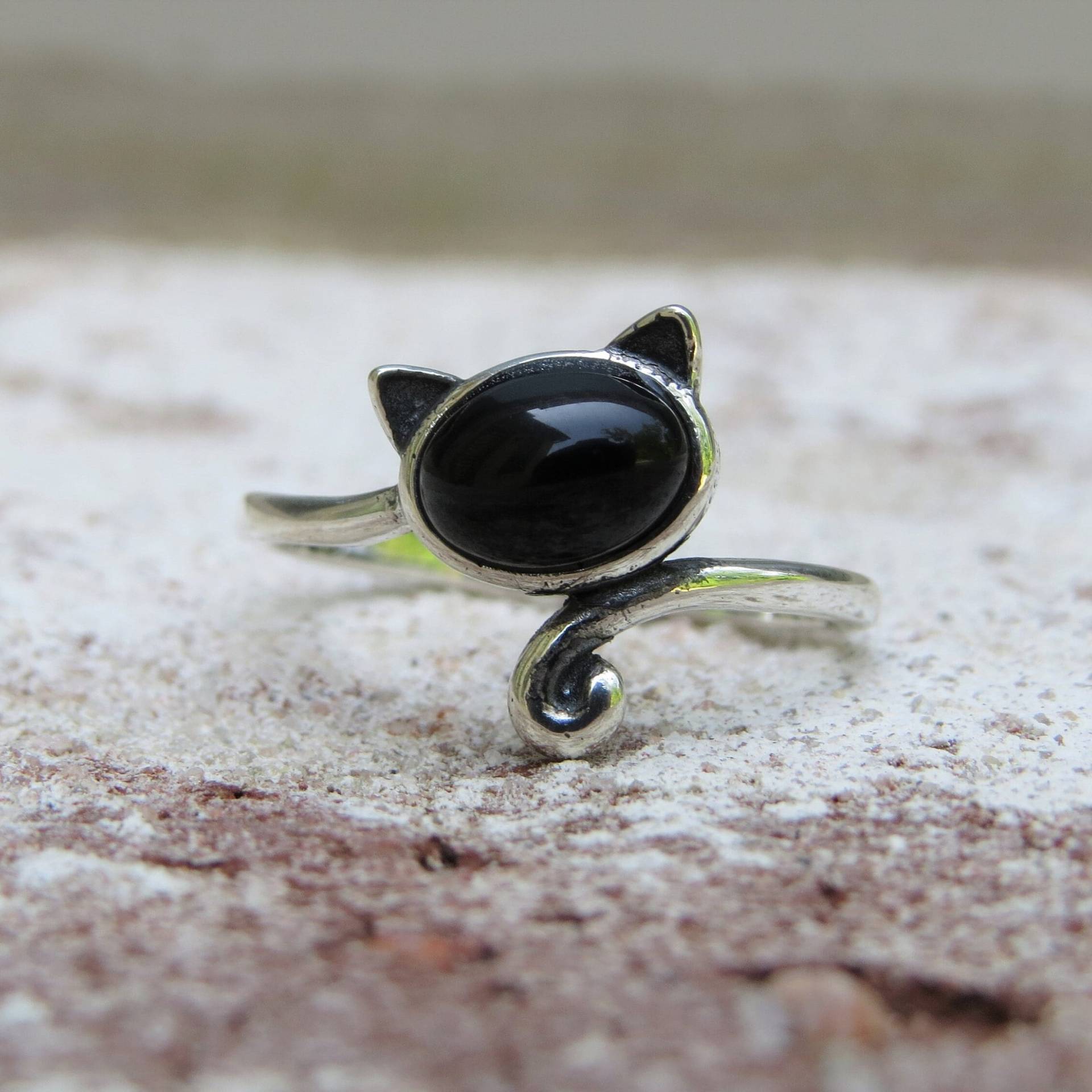 sterling Silber Schwarzer Onyx Kitty Katze Ring von wandajewelry2013