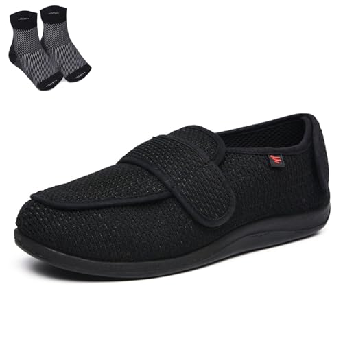 Herren Damen Warme Breite Schuhe Einfaches An und Ausziehen Leichte Slip-On Wanderschuhe Verstellbare Klettverschluss Schuhe für Geschwollene Füße Diabetikerschuhe für Ältere Menschen,Black 1,37 von wangdahua