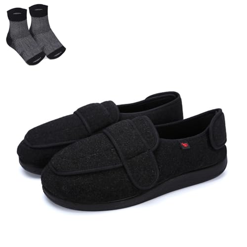 Herren Damen Warme Breite Schuhe Einfaches An und Ausziehen Leichte Slip-On Wanderschuhe Verstellbare Klettverschluss Schuhe für Geschwollene Füße Diabetikerschuhe für Ältere Menschen,Black 2,41 von wangdahua