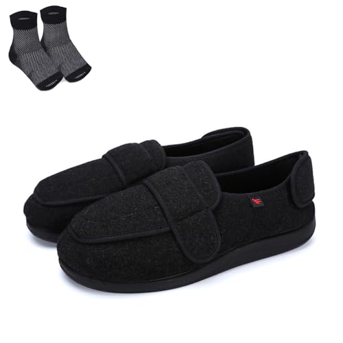 Herren Damen Warme Breite Schuhe Einfaches An und Ausziehen Leichte Slip-On Wanderschuhe Verstellbare Klettverschluss Schuhe für Geschwollene Füße Diabetikerschuhe für Ältere Menschen,Black 2,46 von wangdahua