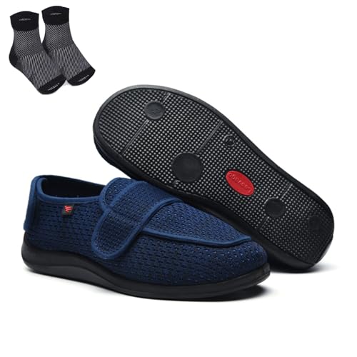 Herren Damen Warme Breite Schuhe Einfaches An und Ausziehen Leichte Slip-On Wanderschuhe Verstellbare Klettverschluss Schuhe für Geschwollene Füße Diabetikerschuhe für Ältere Menschen,Blau,35 von wangdahua