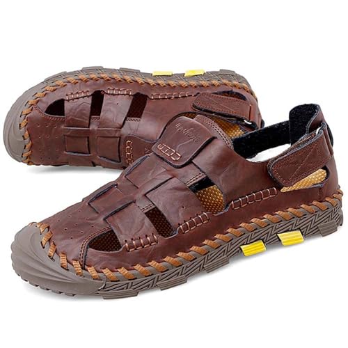 Herren Pu-Leder Sportsandalen Sommer Atmungsaktiv Strandschuhe Geschlossene Zehen Fischer Sandalen Kollisionssichere Zehenkappe Wanderschuhe Rutschfeste Wasserschuhe,Braun,46 von wangdahua