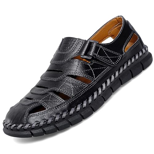 Herren Weichem Leder Sandalen Lässig Geschlossener Zehenbereich Strandschuhe Sommer Verstellbarer Riemen Atmungsaktiv Fischerschuhe Sport Rutschfest Flach Wanderschuhe für Wandern Trekking,Schwarz,40 von wangdahua