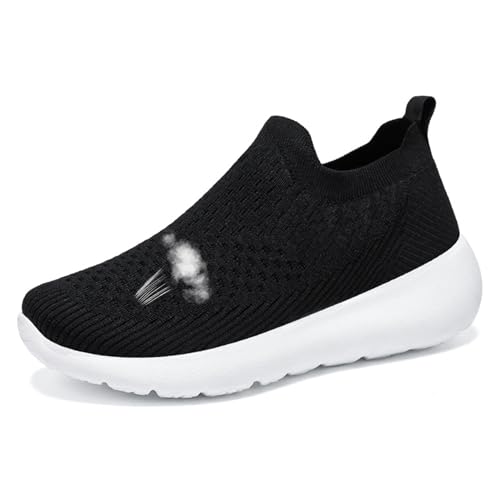 Plateau Sneaker für Herren Und Damen, Leichte Slip-On Wanderschuhe, Weiche Gestrickte Luftpolster-Sportschuhe, Atmungsaktive rutschfeste Arbeitsschuhe mit Fußgewölbeunterstützung,Schwarz,36 von wangdahua