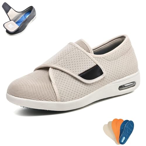 Wanderschuhe für Herren Und Damen, Breite Diabetikerschuhe Mit Verstellbaren Verschlüssen, Einfaches An- Und Ausziehen, rutschfeste Leichte Sneaker für Senioren, Ödeme, Plantarfasziitis,Beige,46 von wangdahua