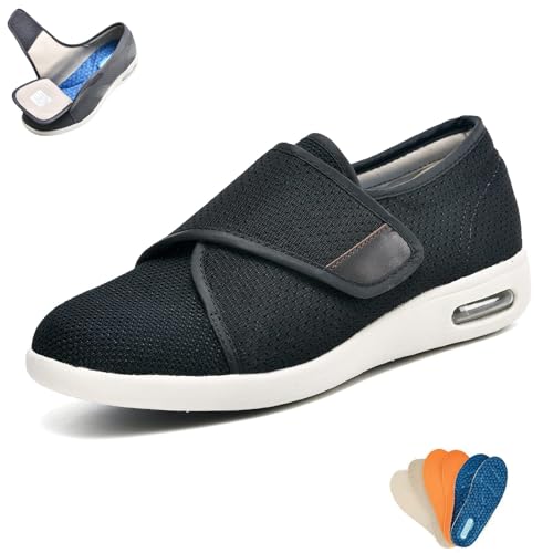 Wanderschuhe für Herren Und Damen, Breite Diabetikerschuhe Mit Verstellbaren Verschlüssen, Einfaches An- Und Ausziehen, rutschfeste Leichte Sneaker für Senioren, Ödeme, Plantarfasziitis,Black 1,38 von wangdahua