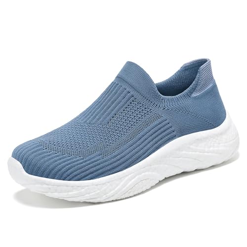 Wanderschuhe für Herren und Damen mit Fußgewölbeunterstützung, Slip-On Freizeit Sneaker Bequeme Gestrickte Mesh Pull-On Tagesschuhe Plattform Krankenschwester Arbeitsschuhe,Blau,41 von wangdahua