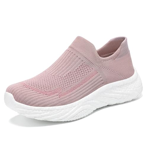 Wanderschuhe für Herren und Damen mit Fußgewölbeunterstützung, Slip-On Freizeit Sneaker Bequeme Gestrickte Mesh Pull-On Tagesschuhe Plattform Krankenschwester Arbeitsschuhe,Rosa,37 von wangdahua