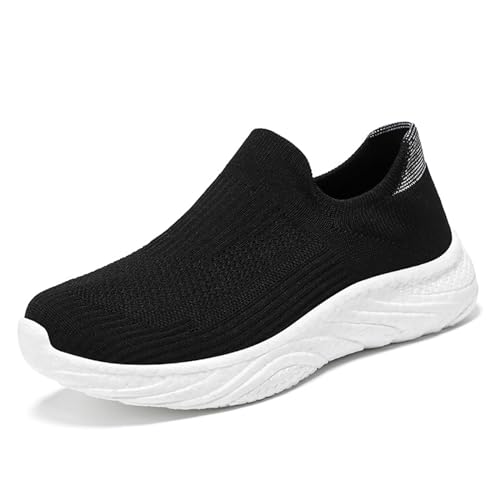 Wanderschuhe für Herren und Damen mit Fußgewölbeunterstützung, Slip-On Freizeit Sneaker Bequeme Gestrickte Mesh Pull-On Tagesschuhe Plattform Krankenschwester Arbeitsschuhe,Schwarz,36 von wangdahua