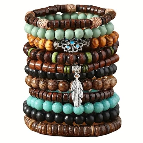 11er Set Holzperlen Armband Damen Herren – Elastische Armbänder aus echtem Holz – Teilweise farbig gestaltet – Boho Ethno Schmuck – Festival Yoga Surfer Vintage Modeschmuck – Vielseitig kombinierbar von ware-direkt