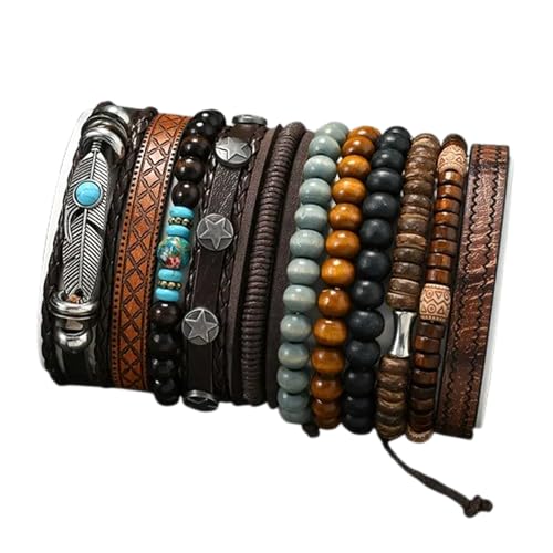 ware-direkt 11er Set Armband Herren Damen Teenager – Holzperlen & Kunstleder – Vintage Boho Armbänder im Layer-Look – elastisch & größenverstellbar – Modeschmuck Unisex für Alltag, Party & Festival von ware-direkt