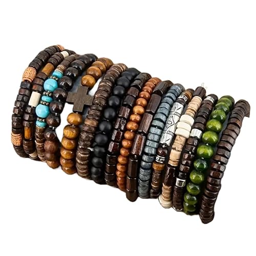 ware-direkt Armband Set Holzperlen 16 Stück – Farbige Holz Perlen Armbänder Damen Herren – Modisches Schmuck Set – Boho Festival Ethno Hippie Style von ware-direkt