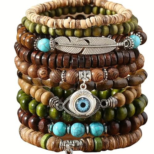 ware-direkt Armband Set aus Holzperlen – 10 Stück – Boho Schmuck Unisex – elastisch – Damen Herren – Natur Look – Festival Accessoire – Ethno Style – Geschenkidee von ware-direkt