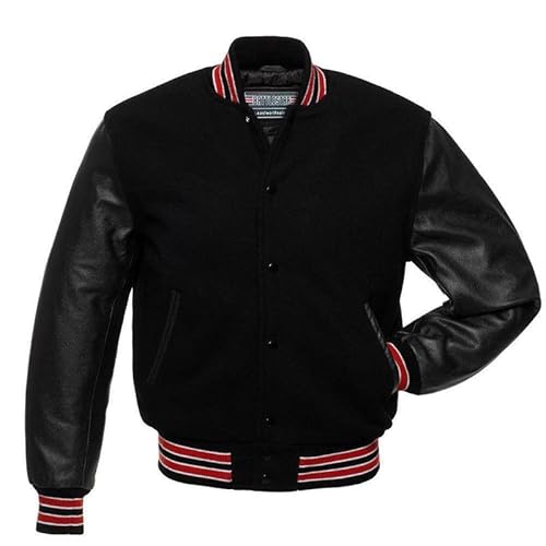 warrior gears Herren-Unijacken mit Wollkörper und Lederärmeln, klassische Retro-Letterman-Motorrad-Bomberjacke im Streifenstil, Wollkörper und Lederärmel, Ganz schwarz mit rotem Streifenripp - XL von warrior gears