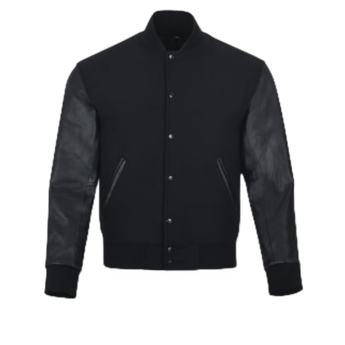 warrior gears Herren-Unijacken mit Wollkörper und Lederärmeln, klassische Retro-Letterman-Motorrad-Bomberjacke im Streifenstil, Wollkörper und Lederärmel, Ganz schwarz - M von warrior gears