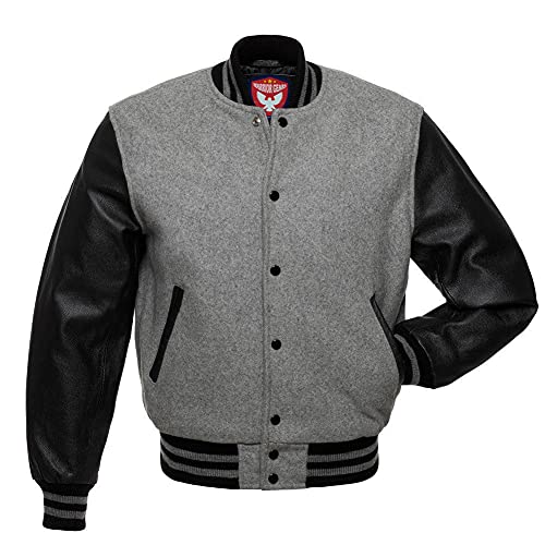 warrior gears Herren-Unijacken mit Wollkörper und Lederärmeln, klassische Retro-Letterman-Motorrad-Bomberjacke im Streifenstil, Wollkörper und Lederärmel, Hellgrau und Schwarz - L von warrior gears